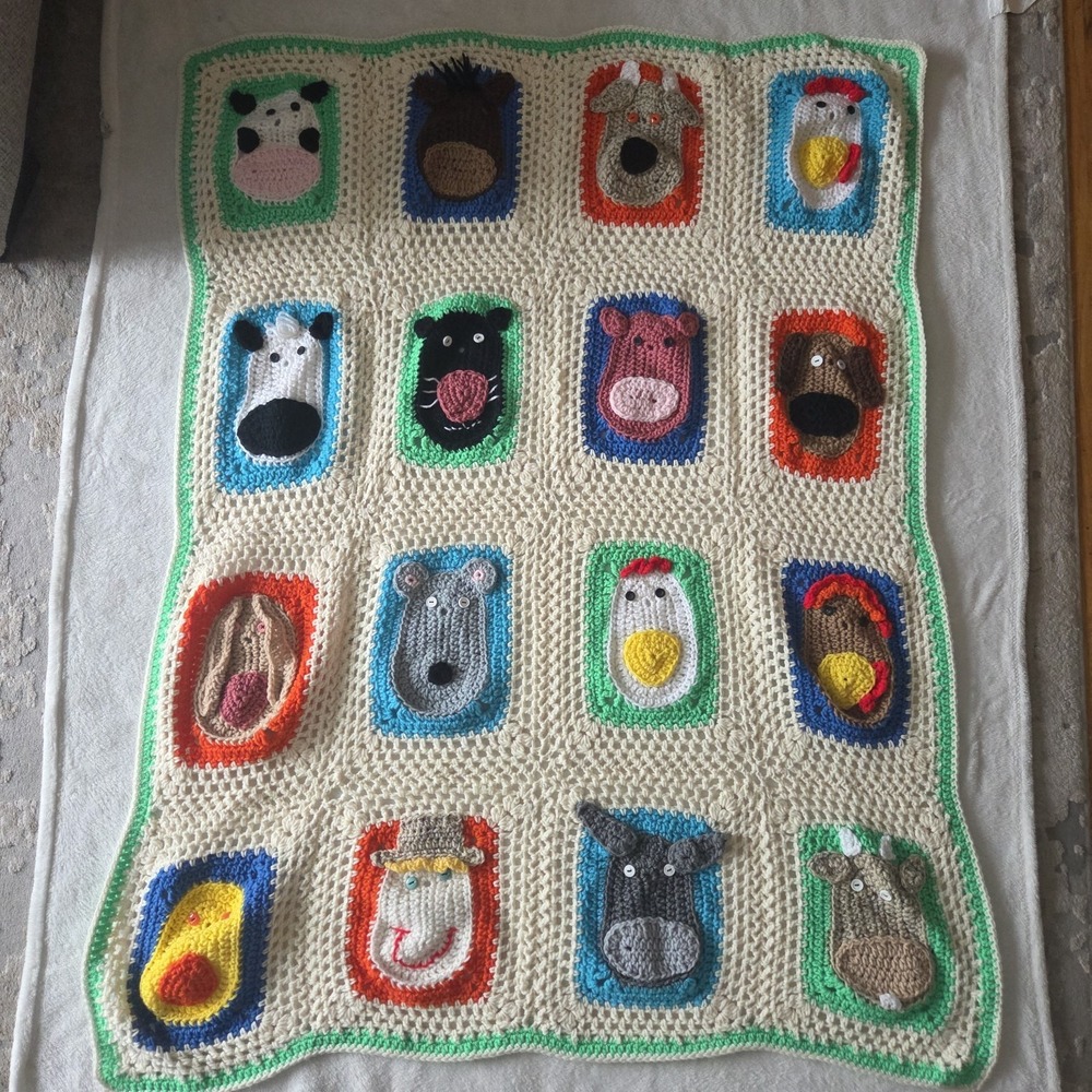 Granny Square Crochet Aphgan Farm Zoo Animal 3D Baby Blanket Buttons